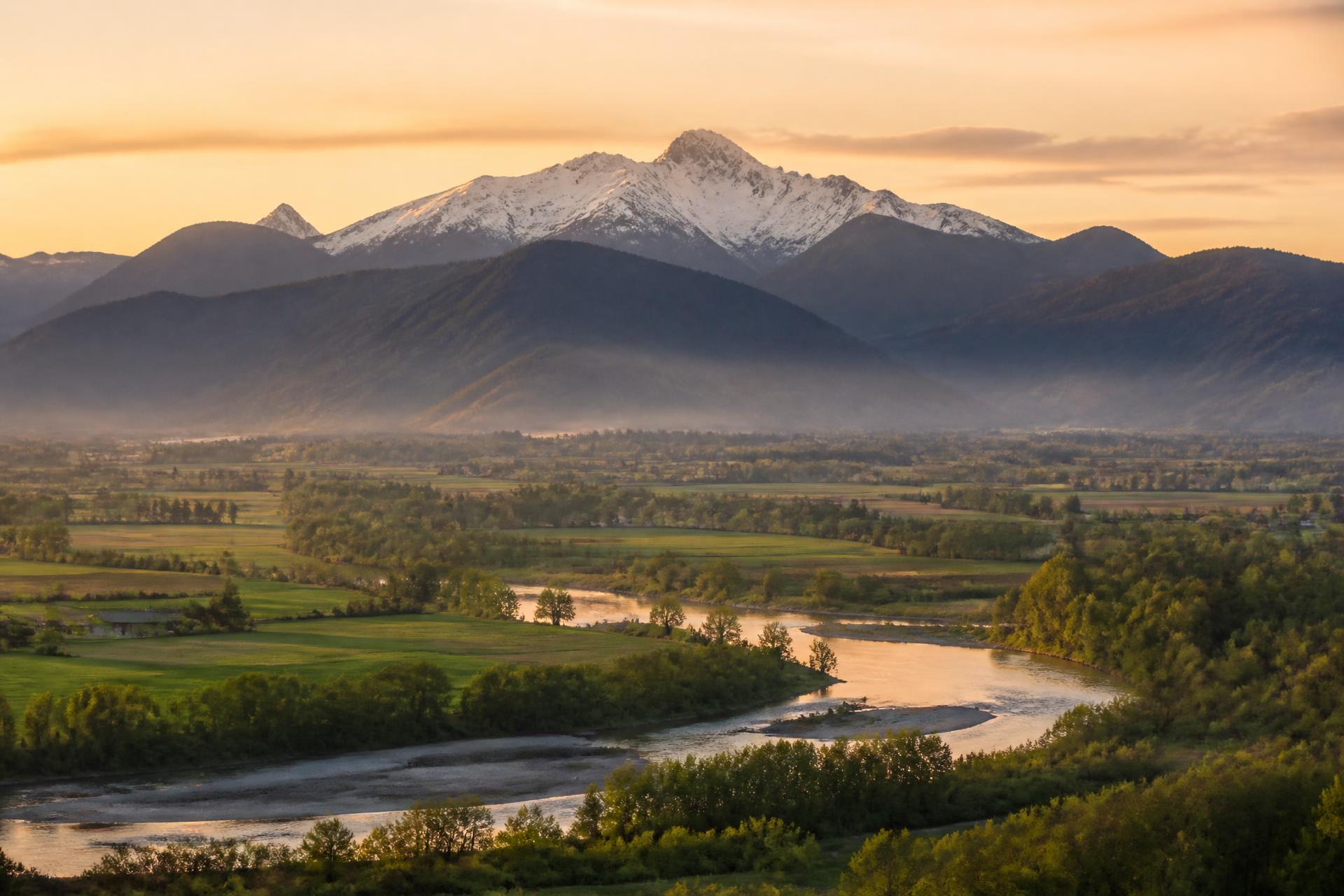 Fraser Valley farmland and river with Mount Cheam at golden hour, British Columbia, Canada
